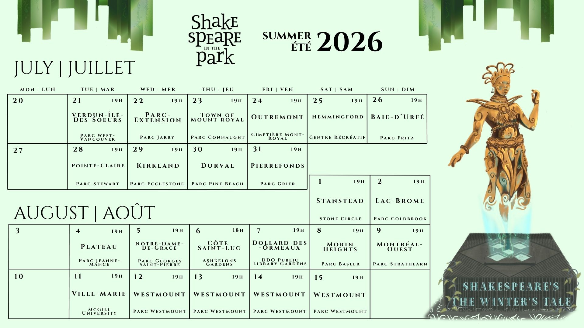 A calendar with all the dates for the Shakespeare-in-the-Park tour