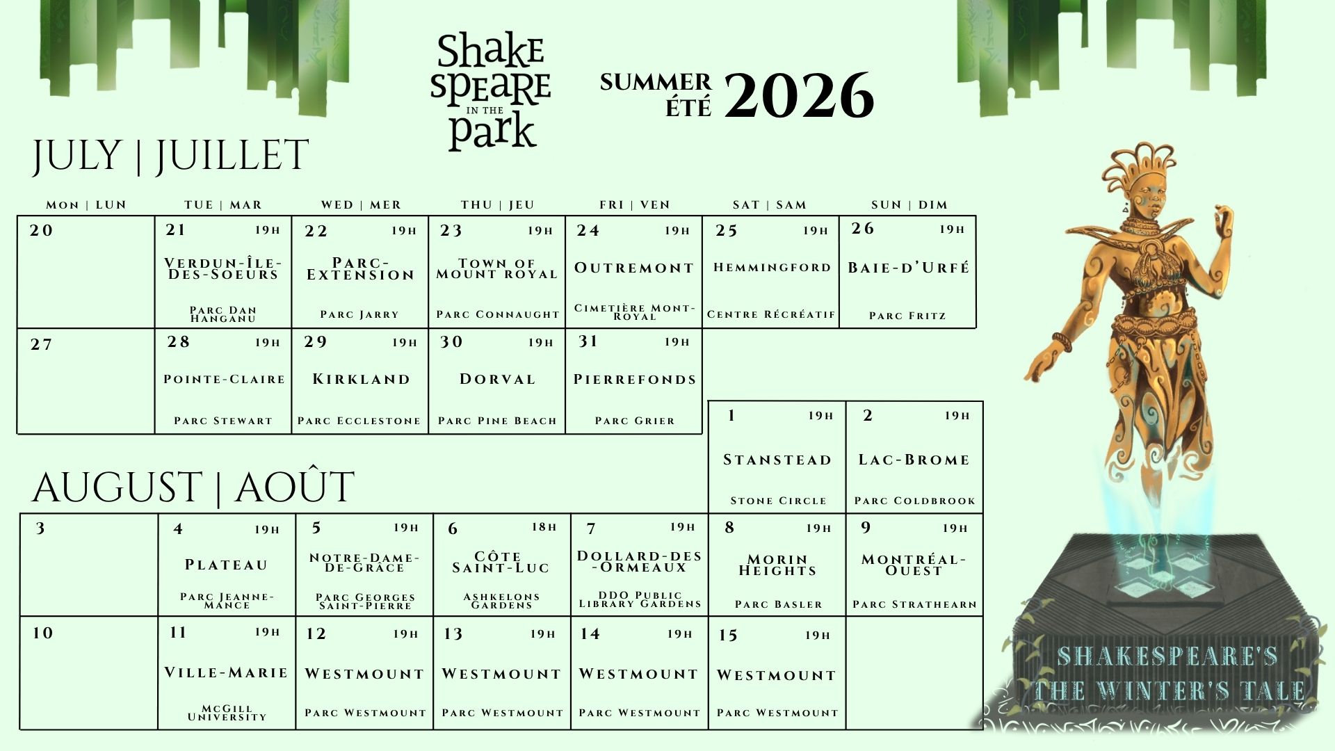 A calendar with all the dates for the Shakespeare-in-the-Park tour
